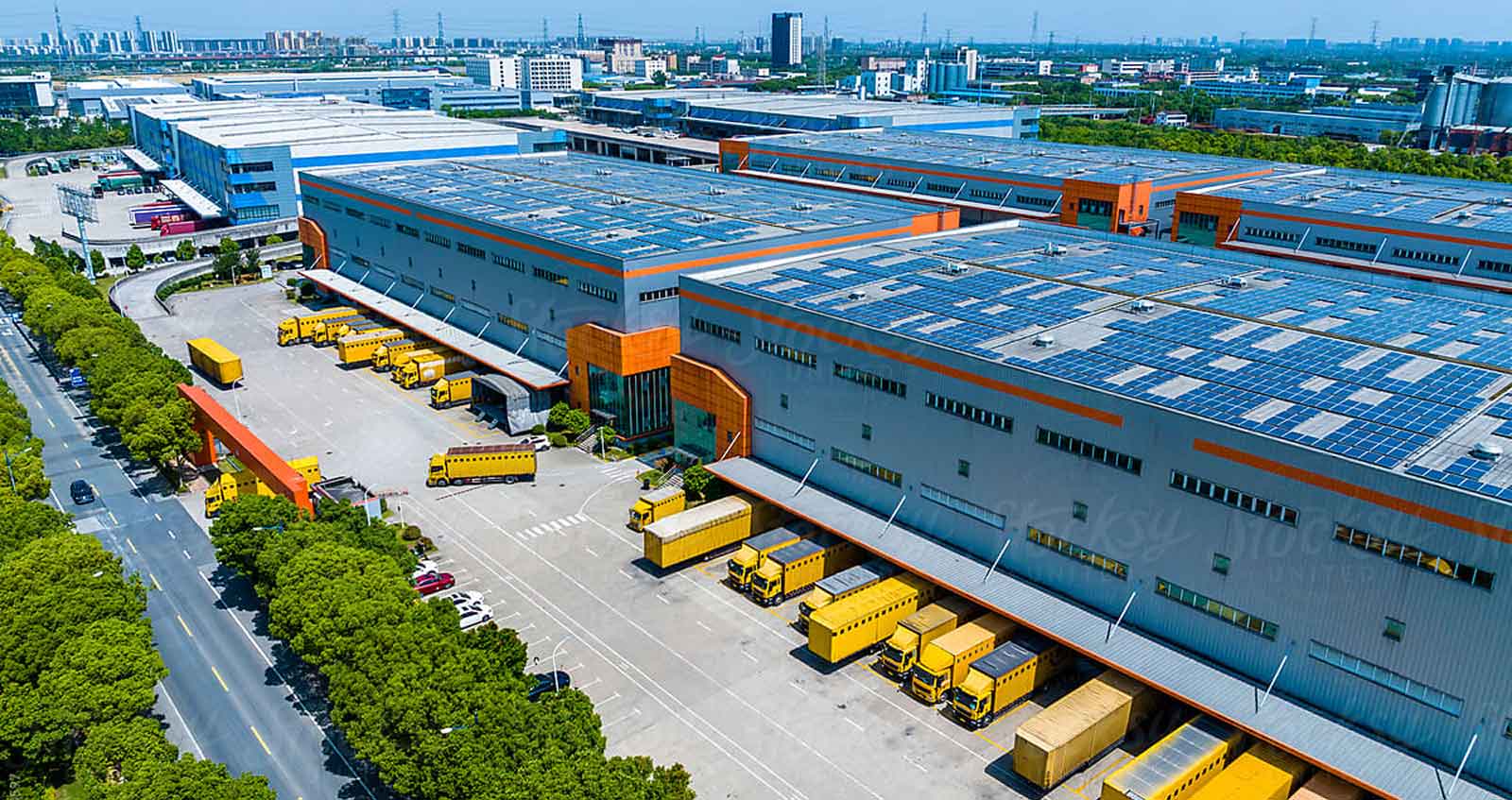 logistics warehouses with solar panels on top
